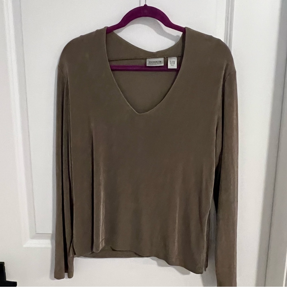 Chico’s Travelers Taupe Green Long Sleeve Stretch Knit Top – Size 2 (US 12)